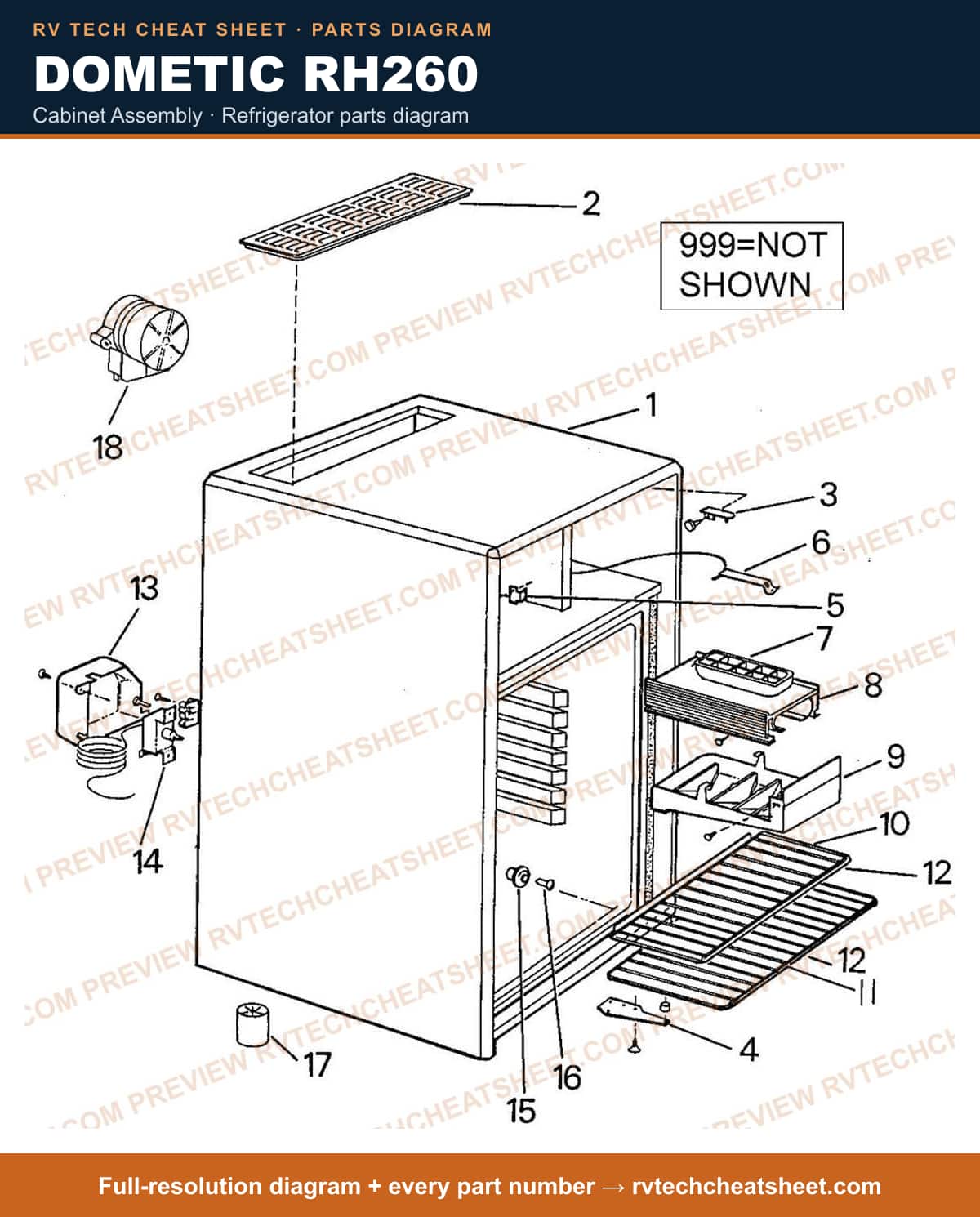 Dometic RH260 cabinet assembly — parts list sheet