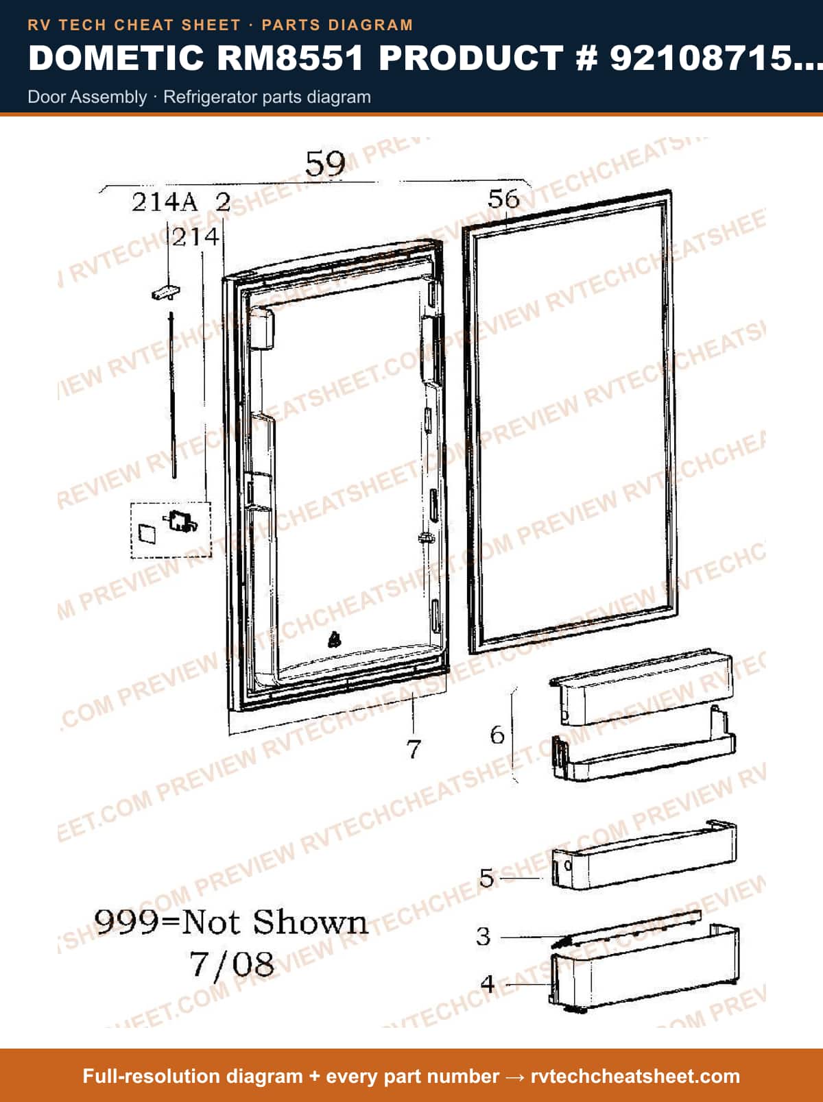 Dometic RM8551 Product # 921087157 Black door assembly — parts list sheet