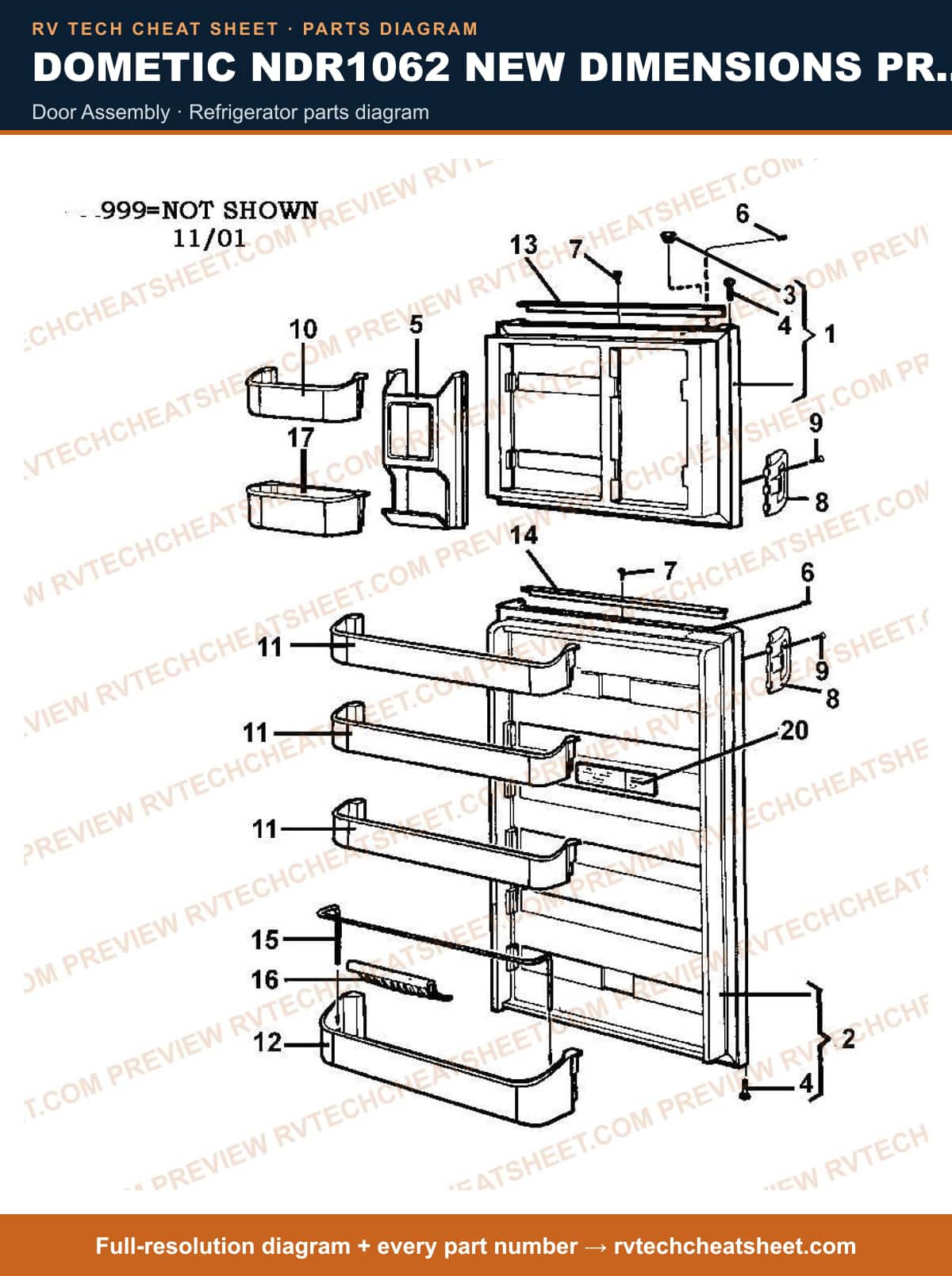 Dometic NDR1062 New Dimensions Product # 921146083 (beige) door assembly — parts list sheet