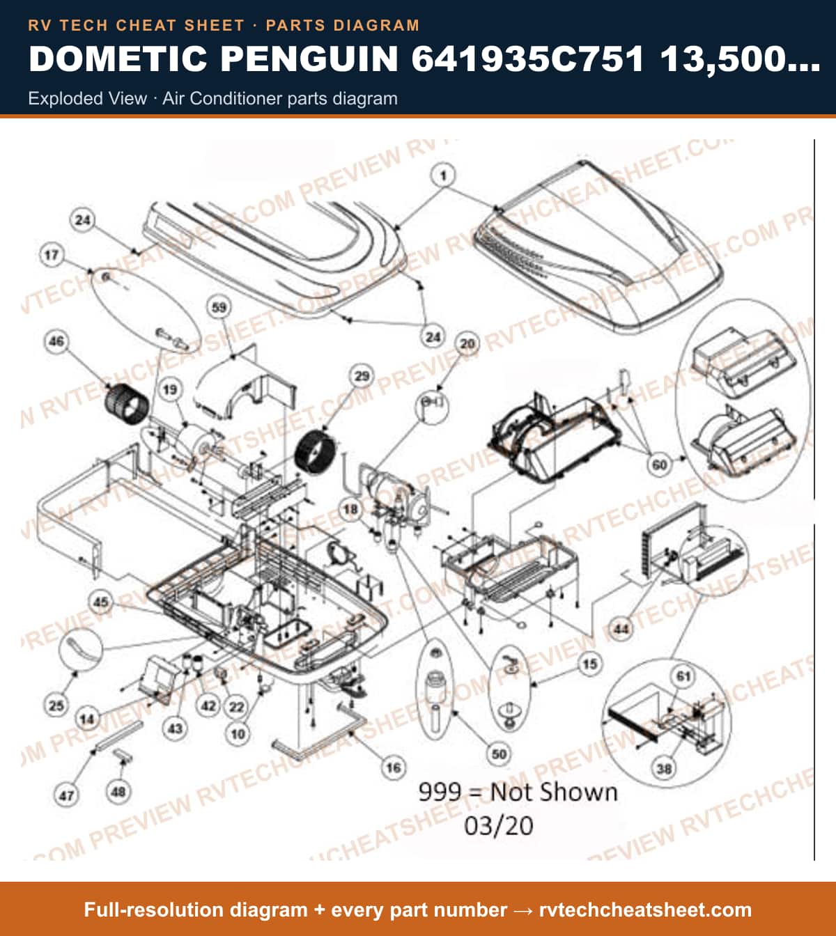 Dometic Penguin 641935C751 13,500 BTU exploded view — parts list sheet
