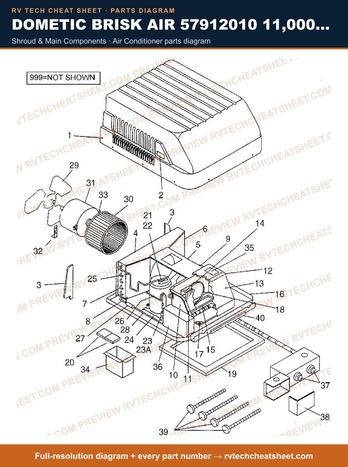 Dometic Brisk Air 57912010 11,000 BTU shroud & main components — exploded parts diagram