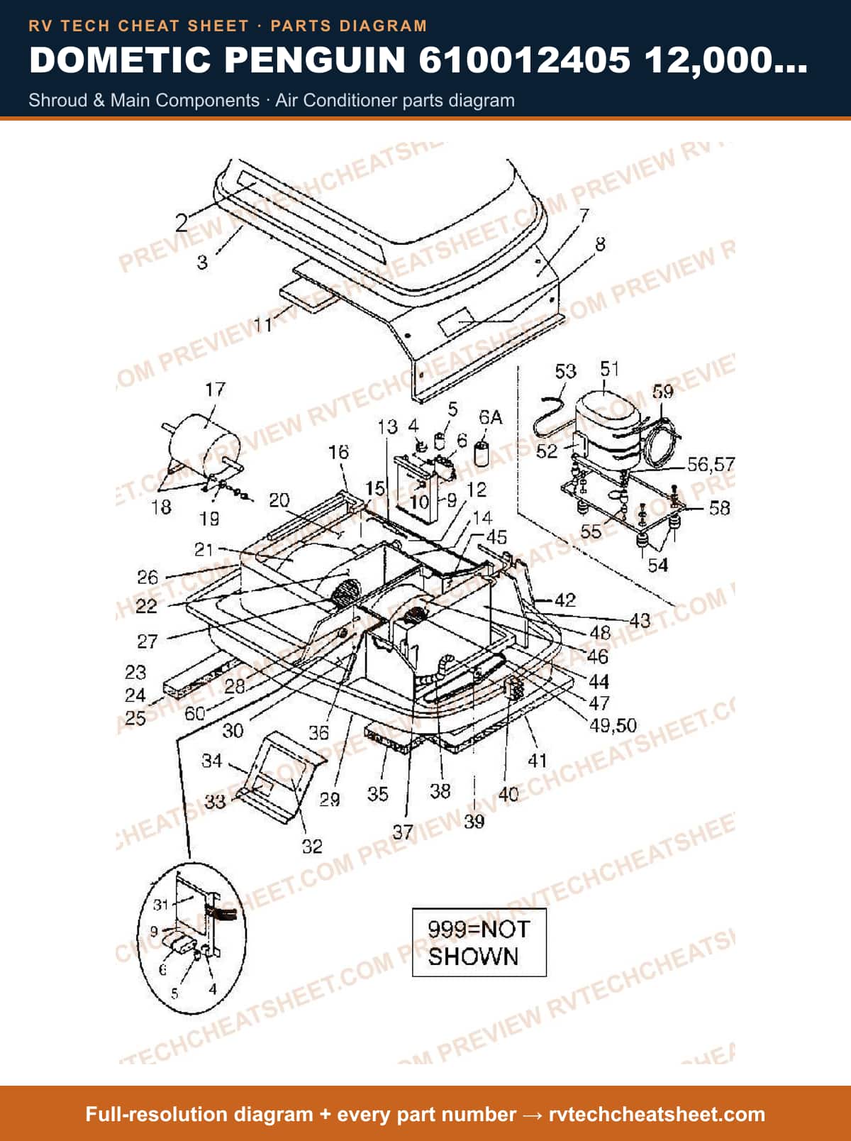 Dometic Penguin 610012405 12,000 BTU shroud & main components — parts list sheet