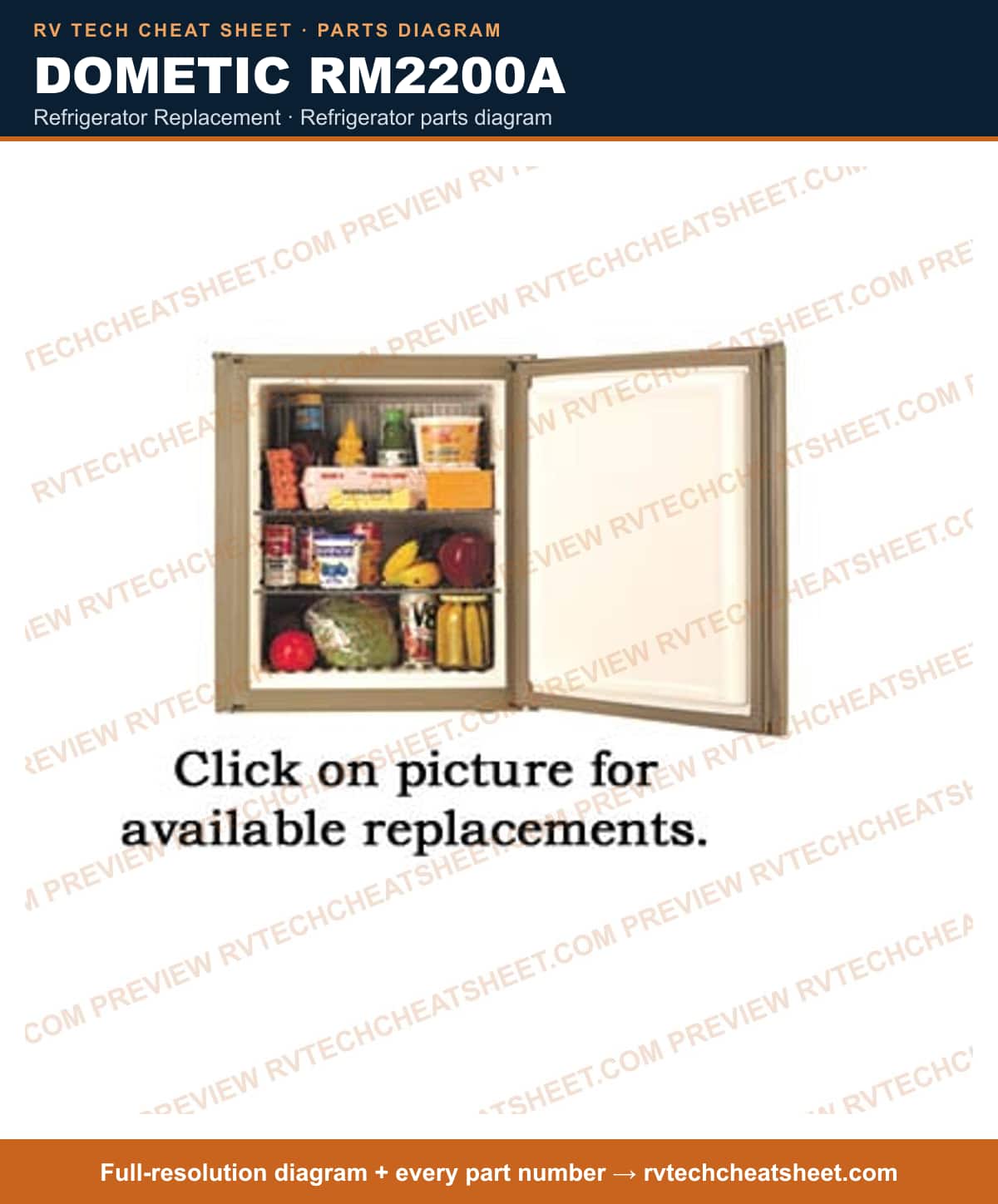 Dometic RM2200A refrigerator replacement — parts list sheet