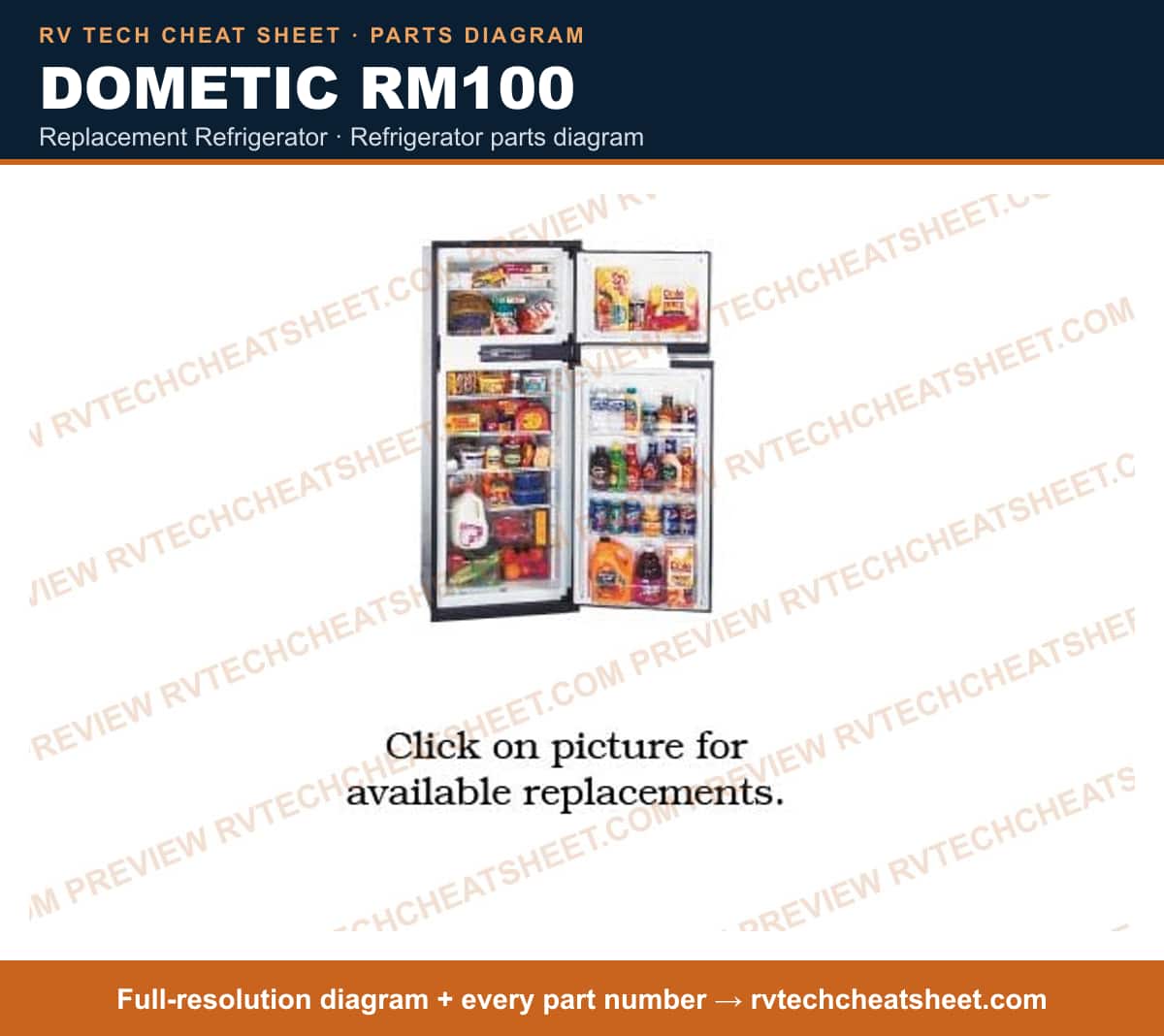 Dometic RM100 replacement refrigerator — parts list sheet