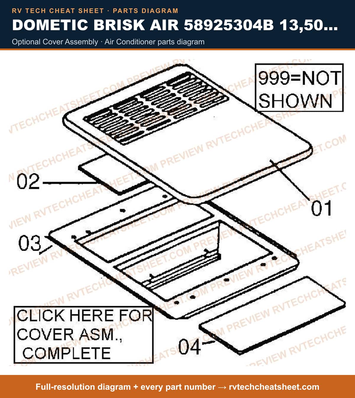 Dometic Brisk Air 58925304B 13,500 BTU optional cover assembly — parts list sheet