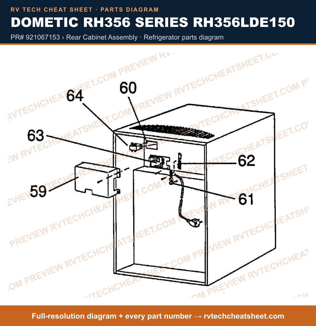 Dometic RH356 Series RH356LDE150 pr# 921067153 › rear cabinet assembly — parts list sheet