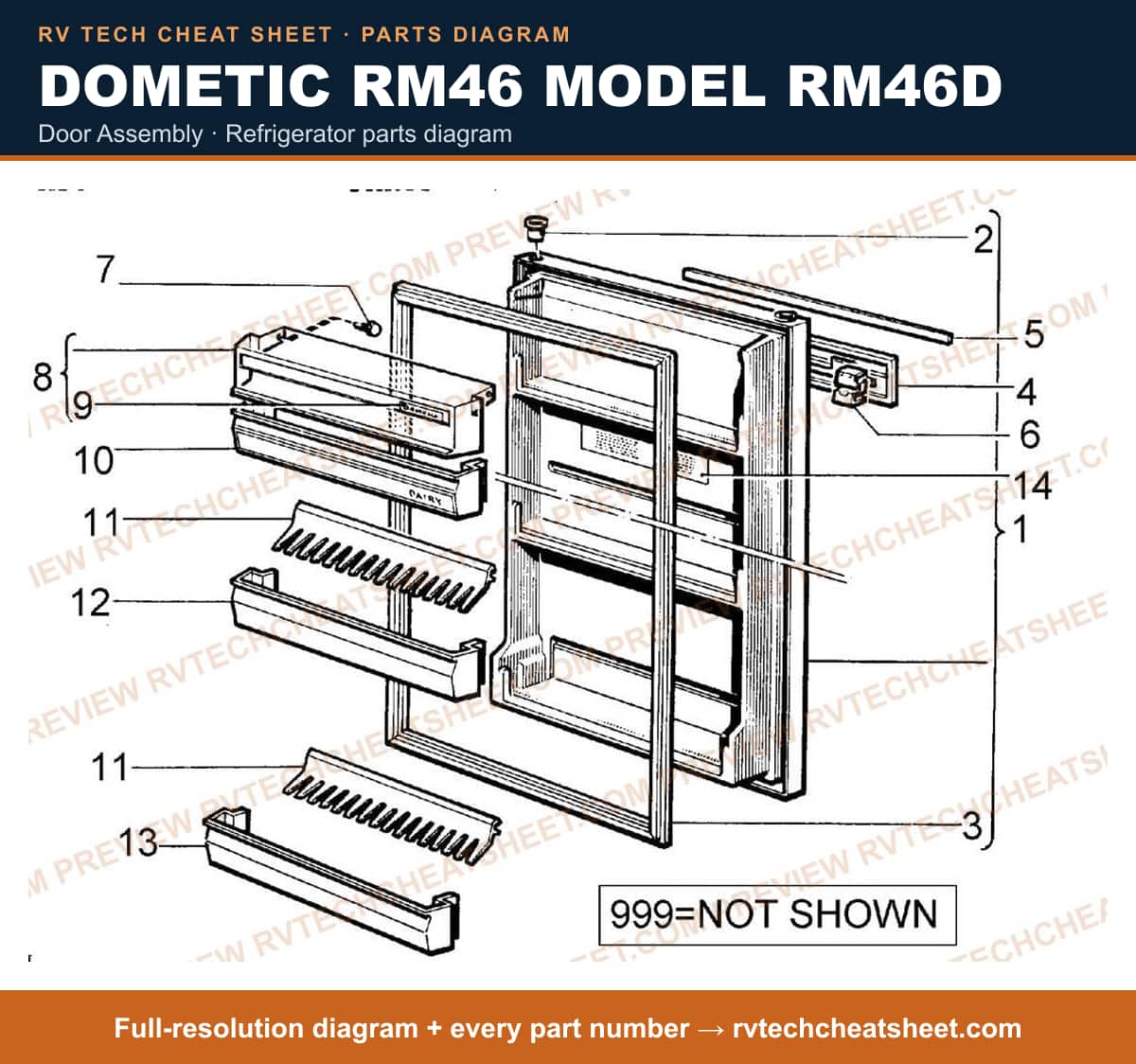 Dometic RM46 Model RM46D door assembly — parts list sheet
