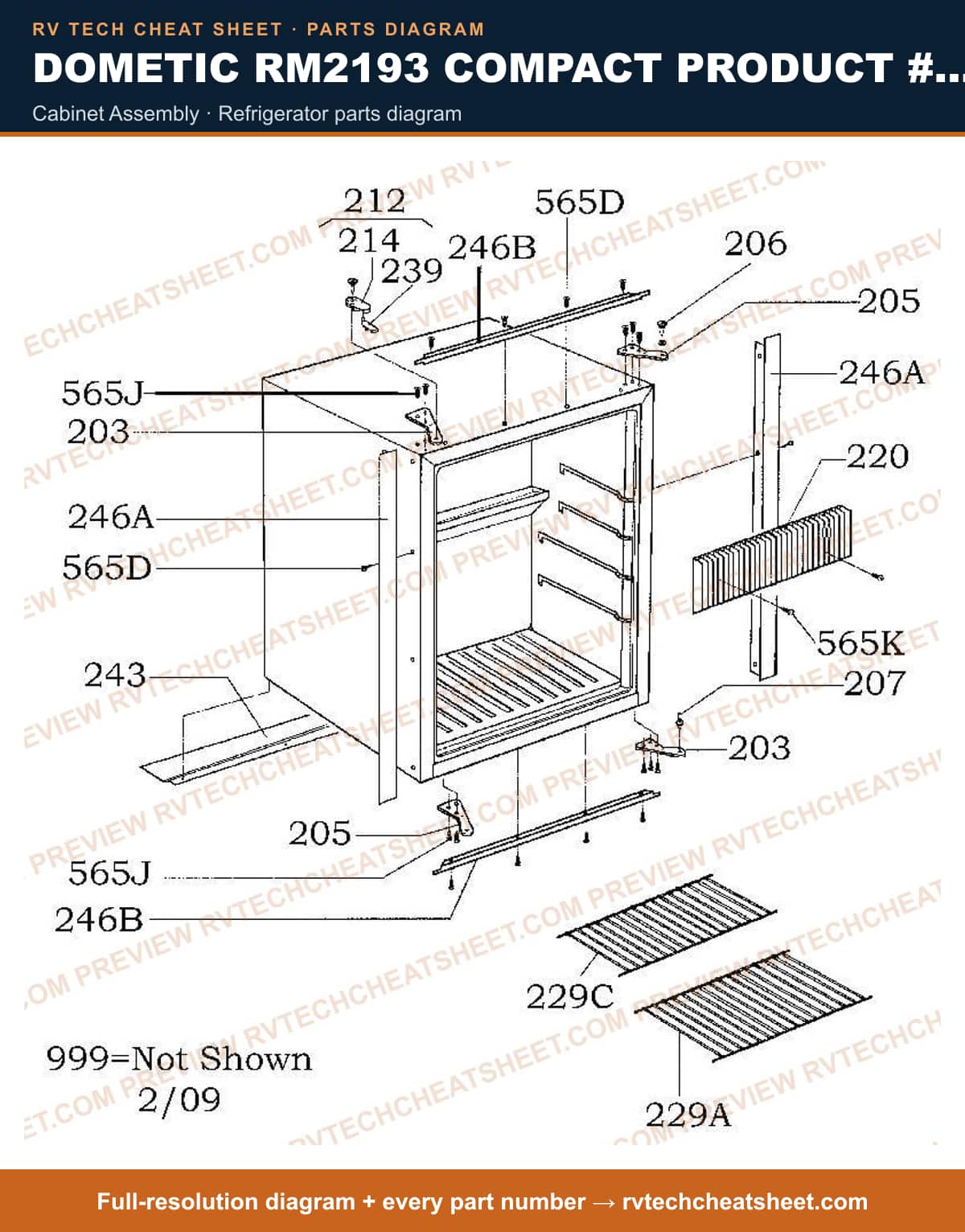 Dometic RM2193 Compact Product # 921131026 cabinet assembly — exploded parts diagram