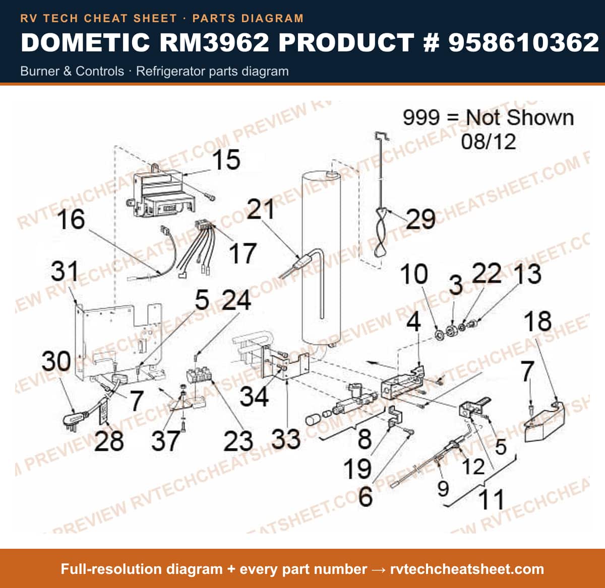 Dometic RM3962 Product # 958610362 burner & controls — parts list sheet