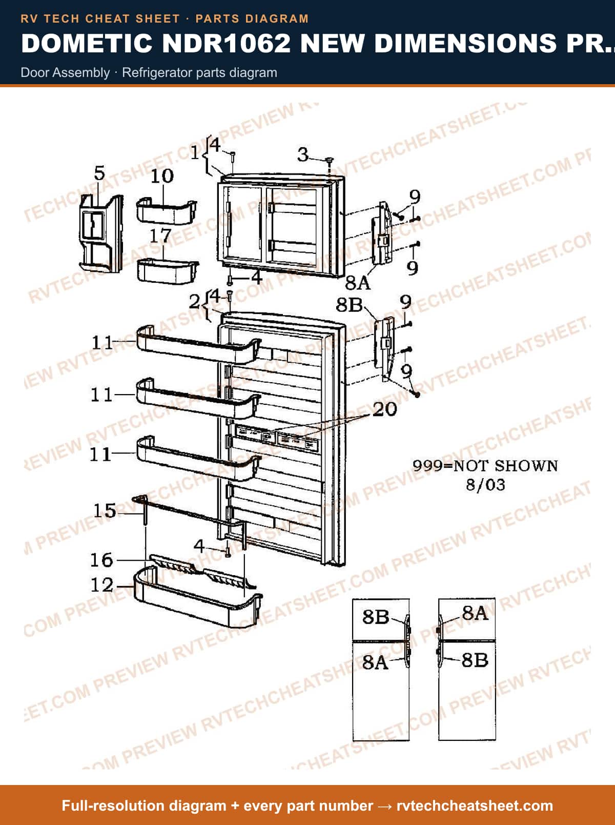 Dometic NDR1062 New Dimensions Product # 921146141 (black) door assembly — parts list sheet