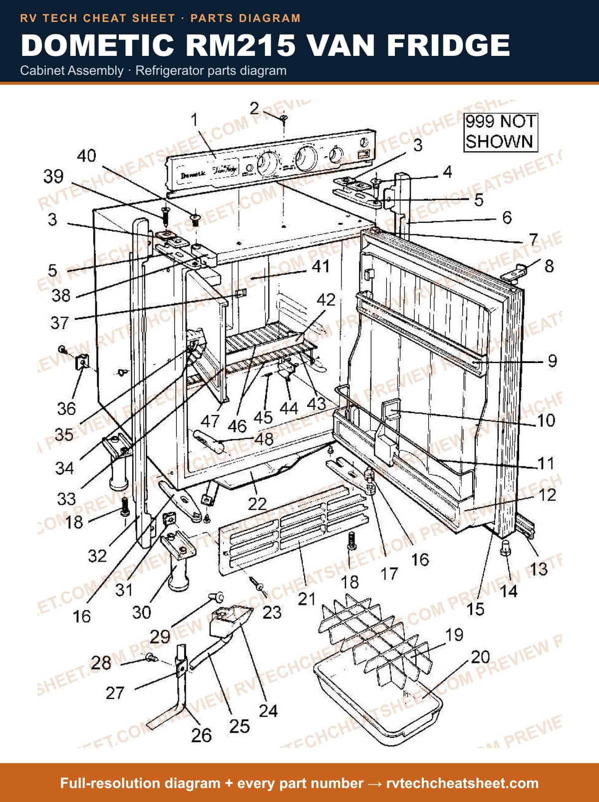 Dometic RM215 Van Fridge cabinet assembly — parts list sheet