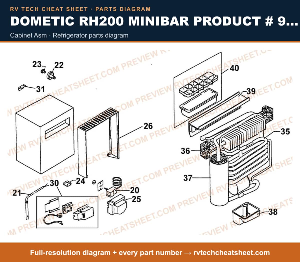 Dometic RH200 Minibar Product # 921517011 cabinet asm — exploded parts diagram
