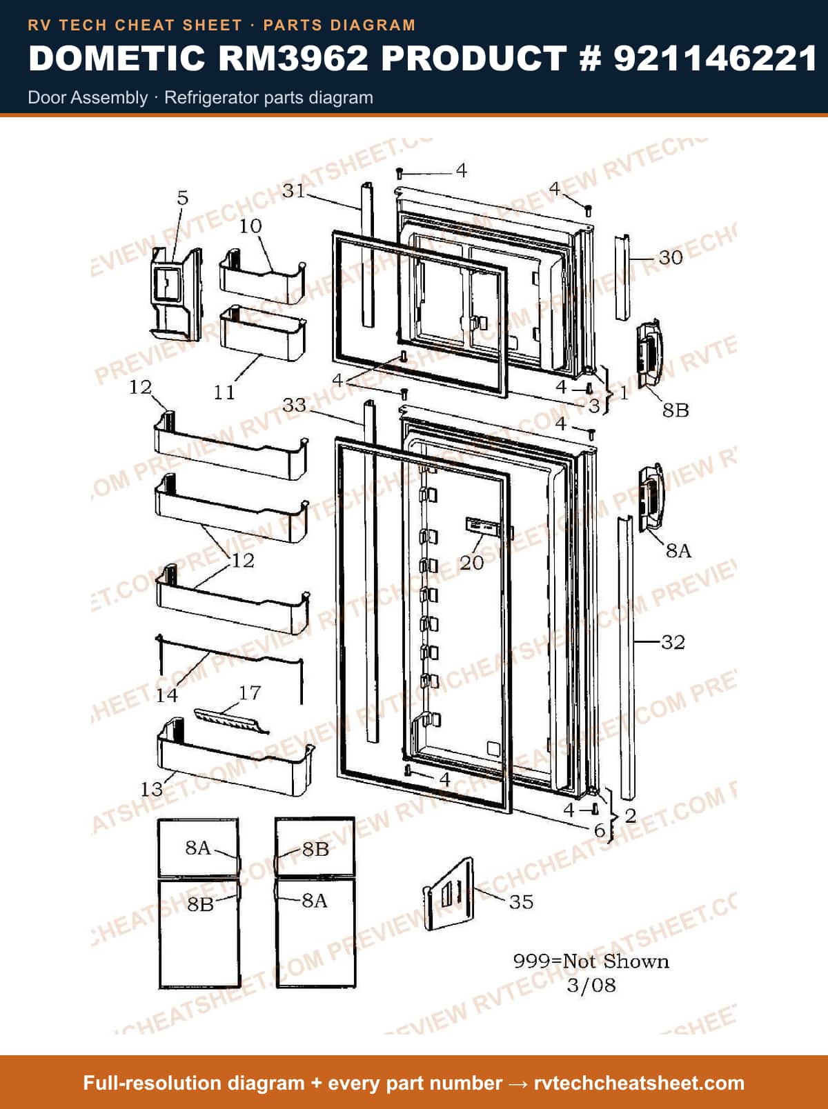 Dometic RM3962 Product # 921146221 door assembly — parts list sheet