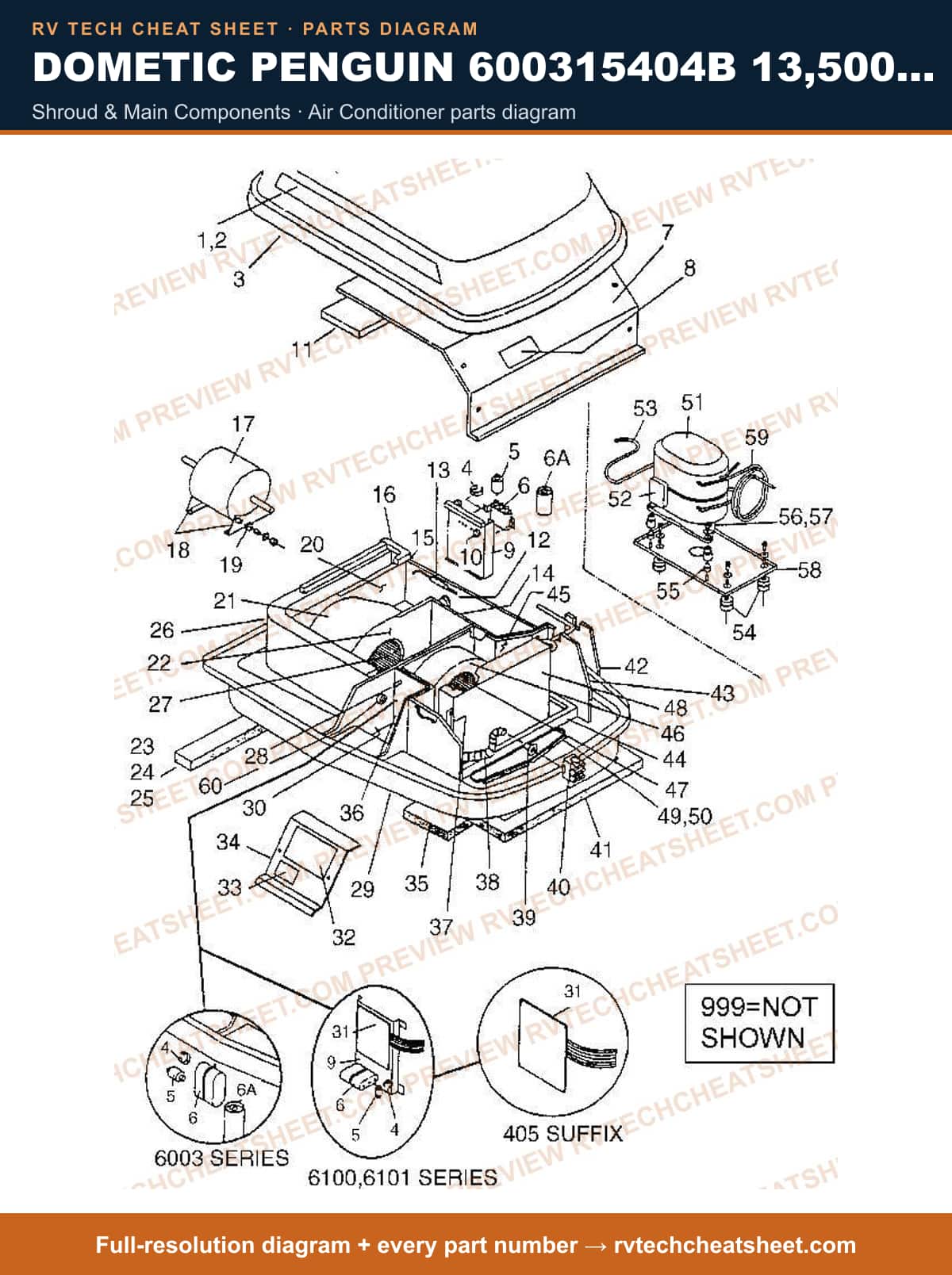 Dometic Penguin 600315404B 13,500 BTU shroud & main components — parts list sheet