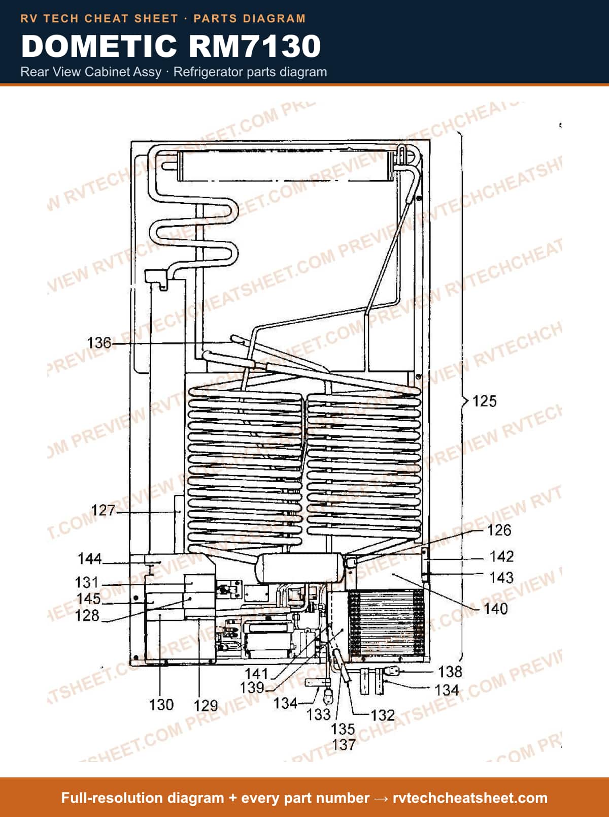 Dometic RM7130 rear view cabinet assy — parts list sheet