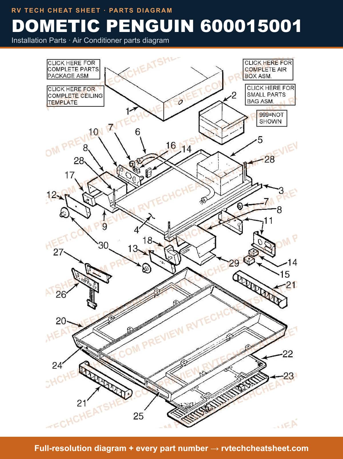 Dometic Penguin 600015001 installation parts — parts list sheet 1 of 2