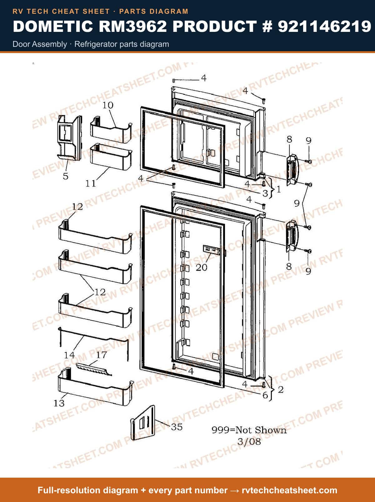 Dometic RM3962 Product # 921146219 door assembly — parts list sheet