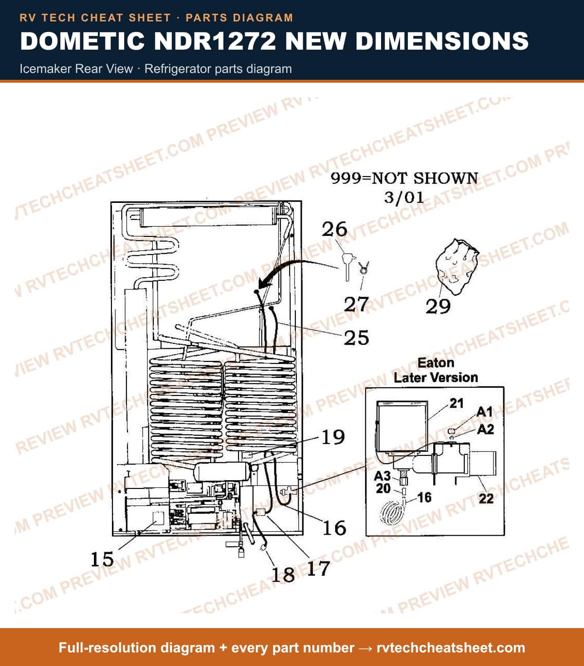 Dometic NDR1272 New Dimensions icemaker rear view — parts list sheet