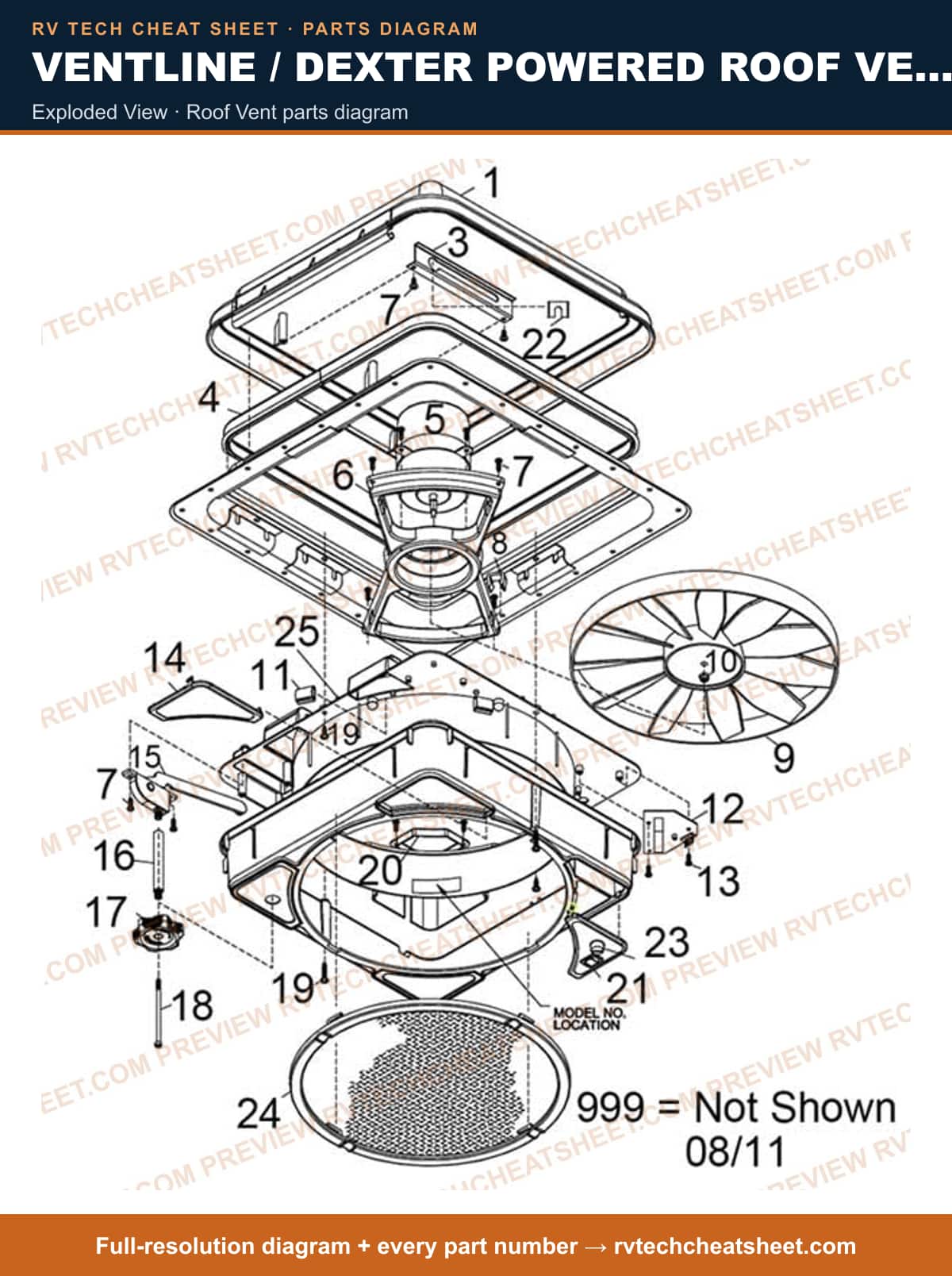 Ventline / Dexter Powered Roof Vents / Outlet Fans & Vents V2501 Northern Breeze exploded view — parts list sheet 1 of 3