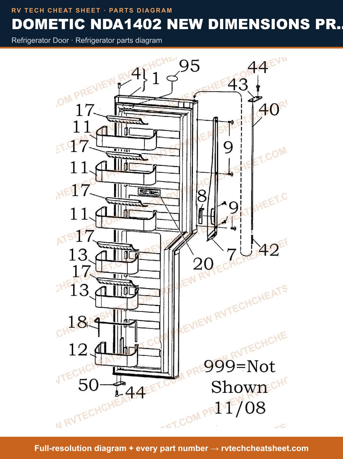 Dometic NDA1402 New Dimensions Product # 921148403 Black refrigerator door — parts list sheet