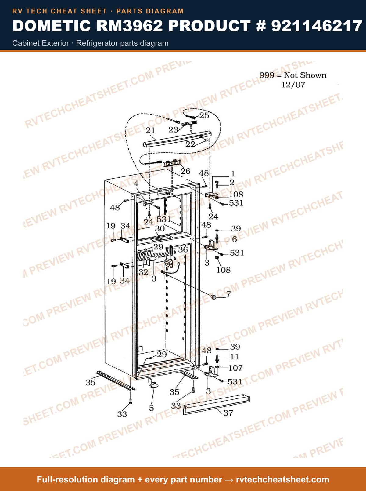 Dometic RM3962 Product # 921146217 cabinet exterior — parts list sheet
