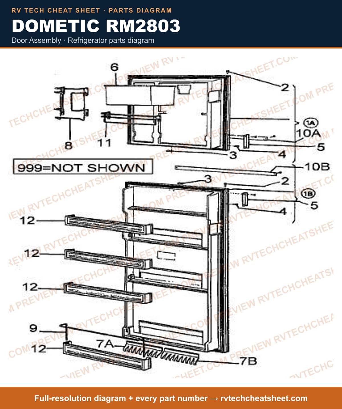 Dometic RM2803 door assembly — parts list sheet