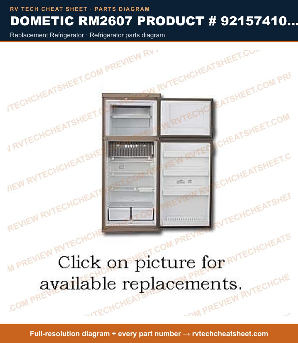 Dometic RM2607 Product # 921574101 3-WAY replacement refrigerator — parts list sheet