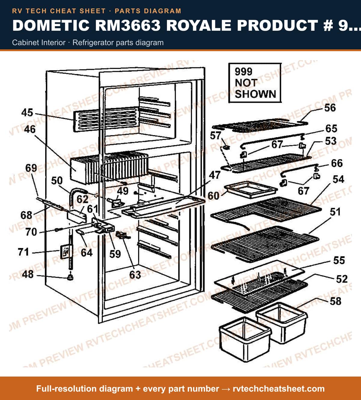Dometic RM3663 Royale Product # 921144012 Beige cabinet interior — parts list sheet