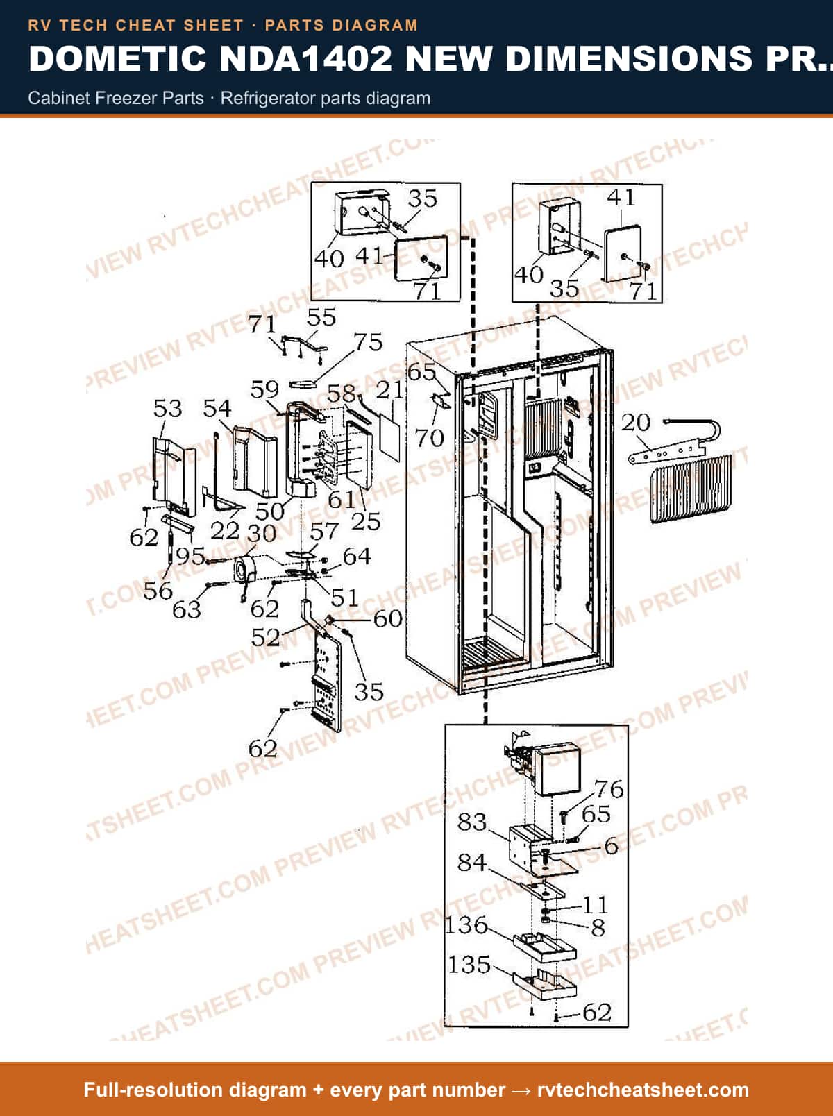 Dometic NDA1402 New Dimensions Product # 921148288 Stainless cabinet freezer parts — parts list sheet