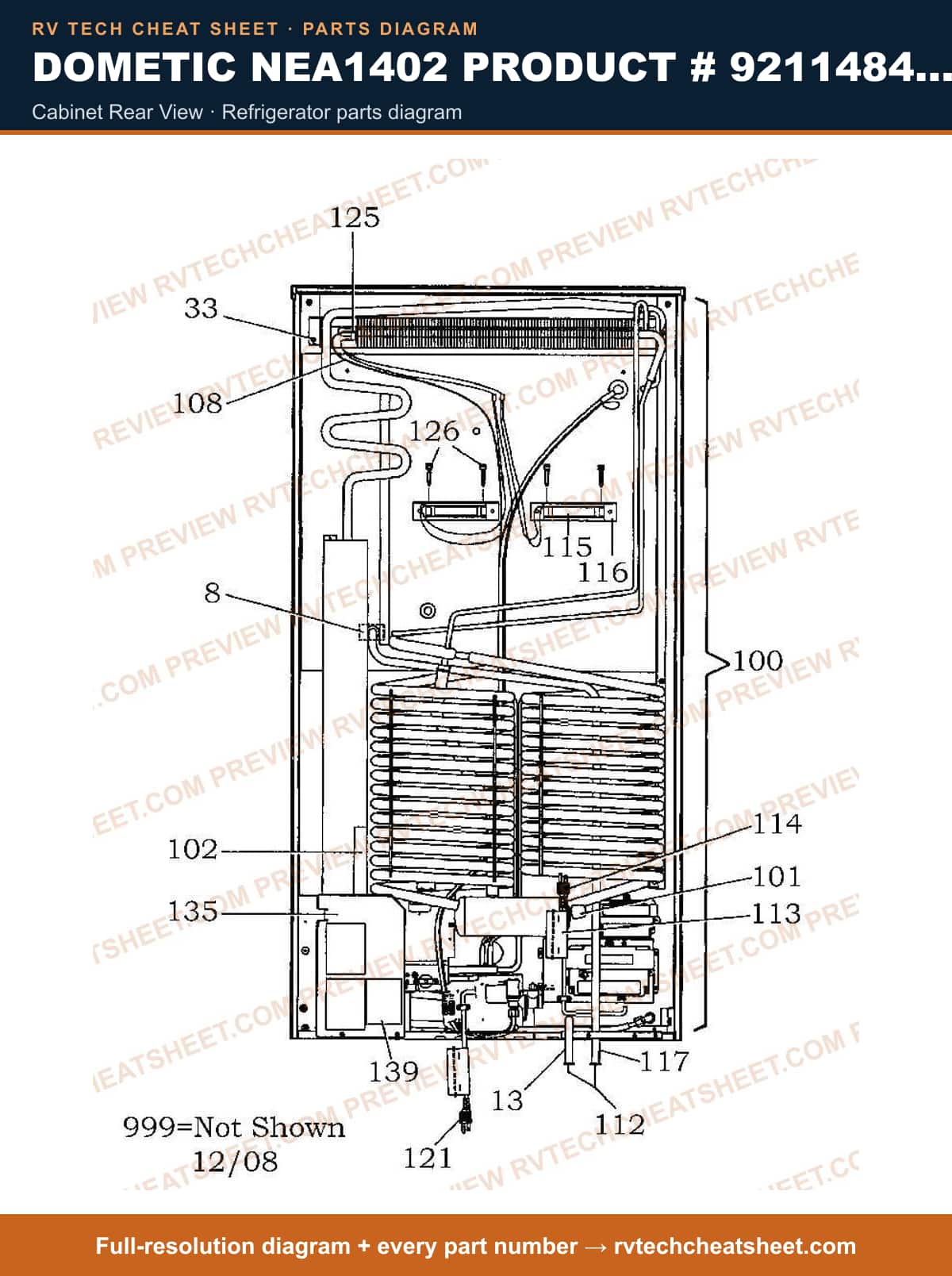 Dometic NEA1402 Product # 921148410 cabinet rear view — parts list sheet