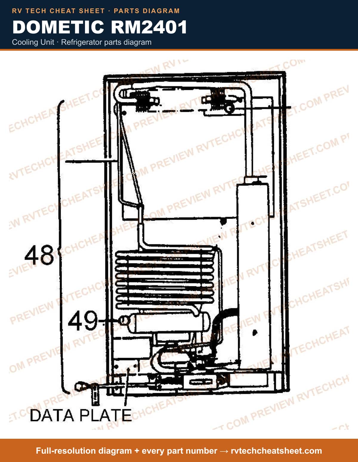 Dometic RM2401 cooling unit — parts list sheet