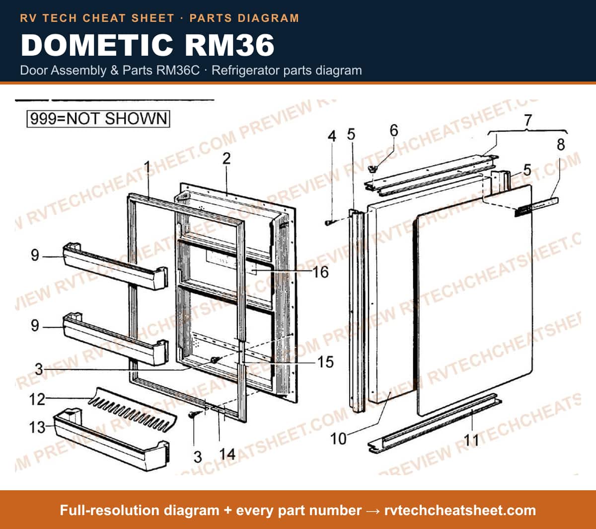 Dometic RM36 door assembly & parts rm36c — parts list sheet
