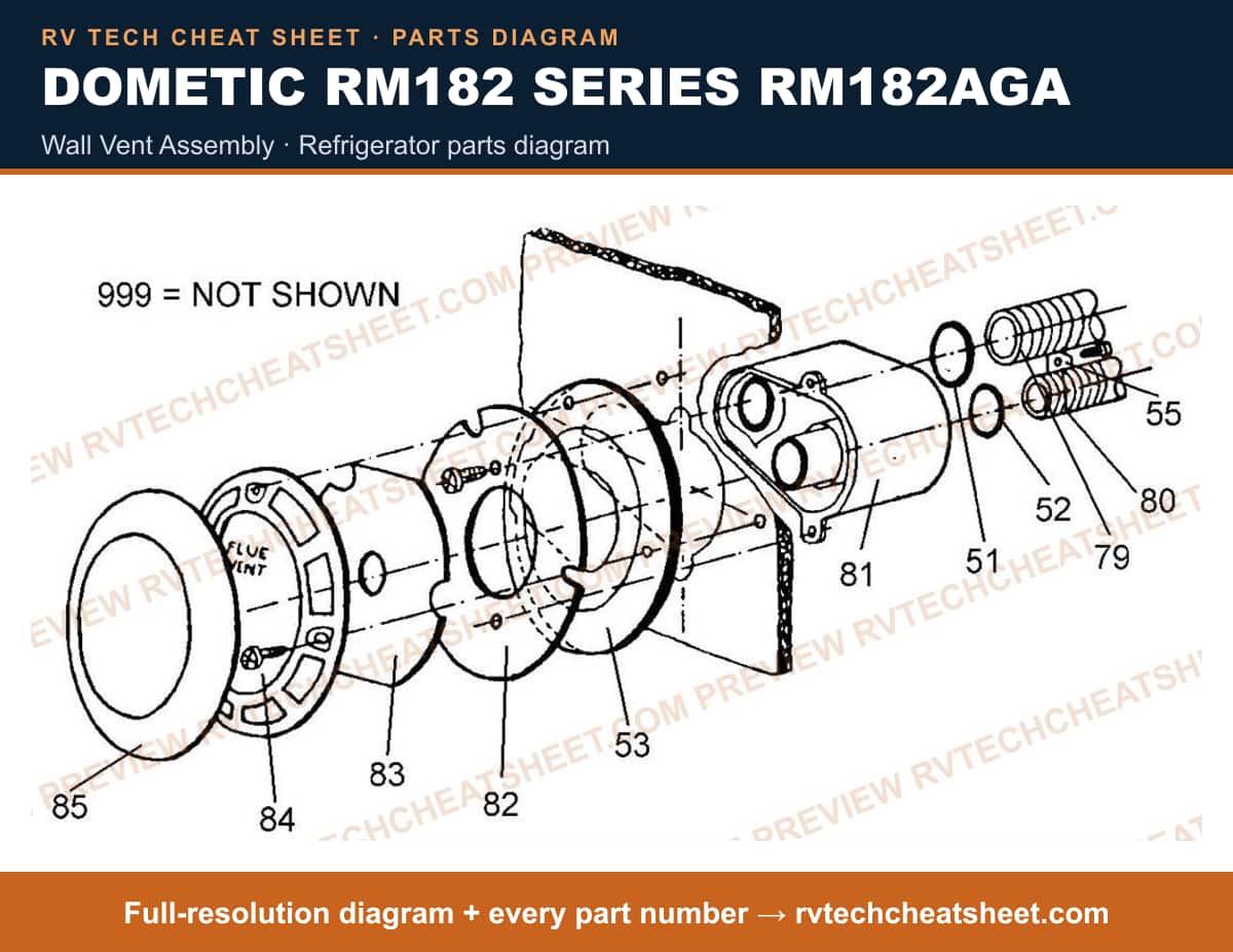 Dometic RM182 Series RM182AGA wall vent assembly — parts list sheet