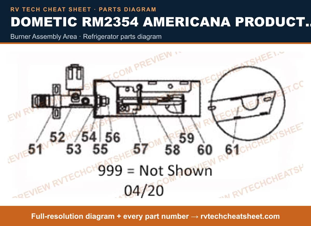 Dometic RM2354 Americana Product # 936002068 burner assembly area — parts list sheet