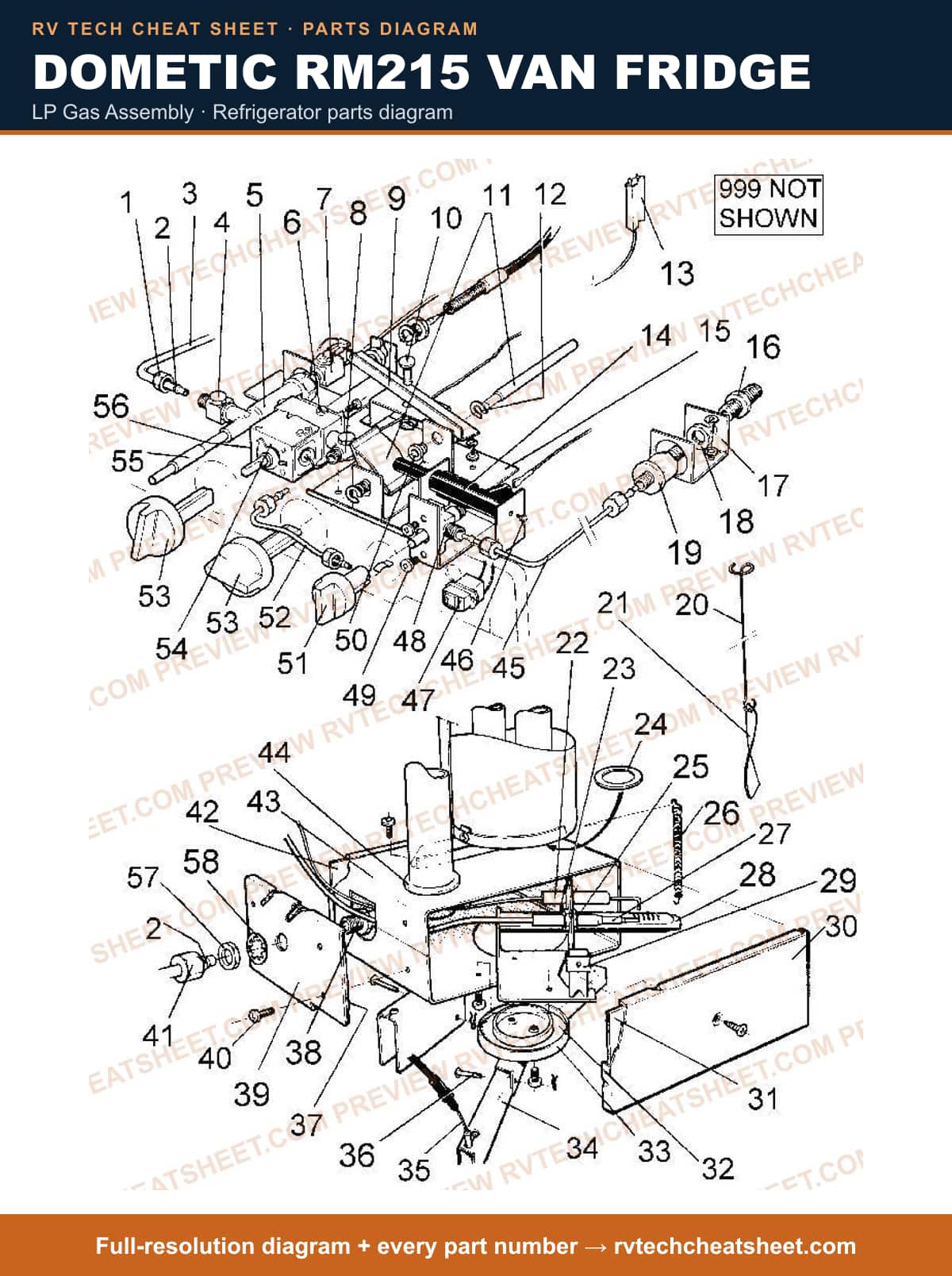 Dometic RM215 Van Fridge lp gas assembly — parts list sheet