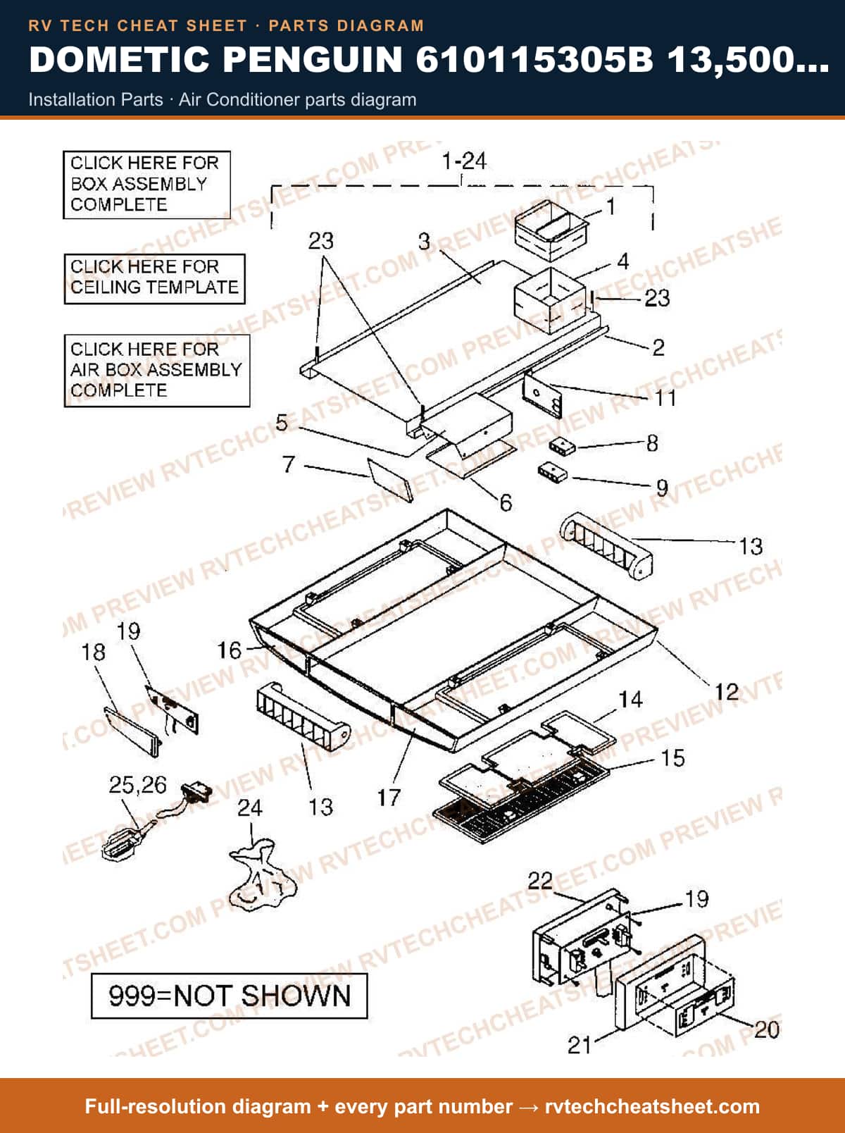 Dometic Penguin 610115305B 13,500 BTU installation parts — parts list sheet