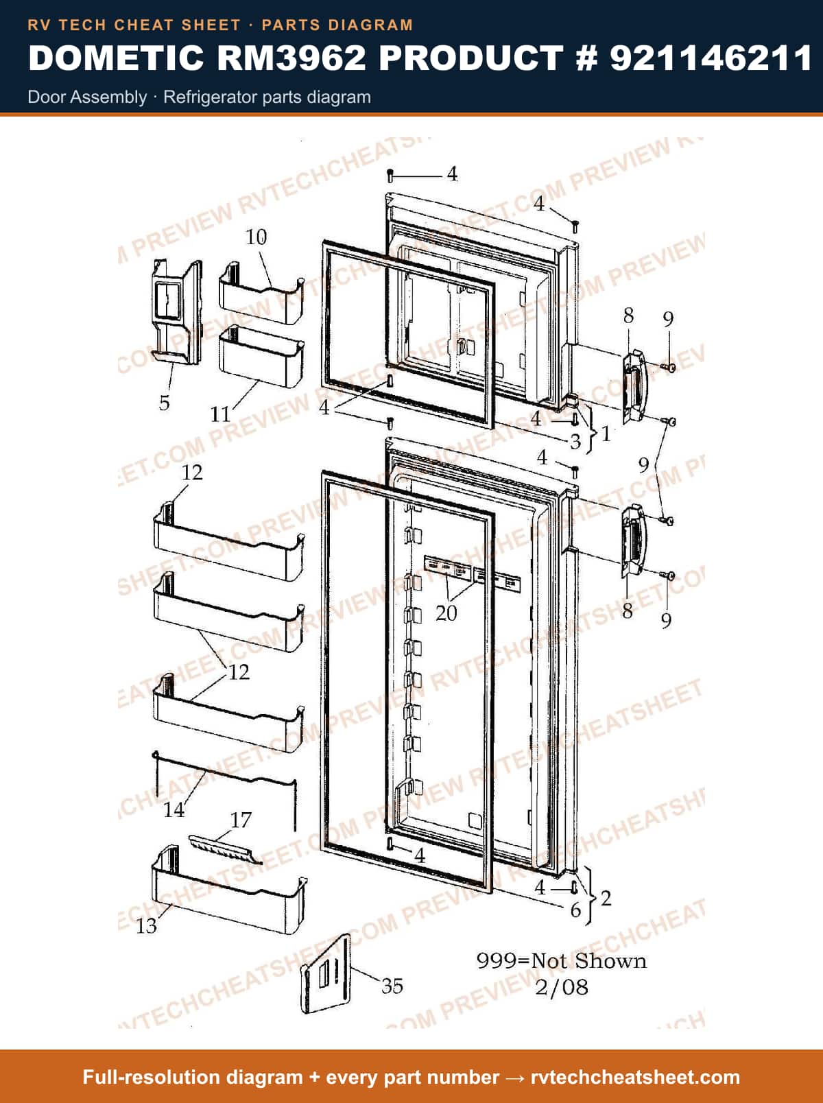 Dometic RM3962 Product # 921146211 door assembly — parts list sheet