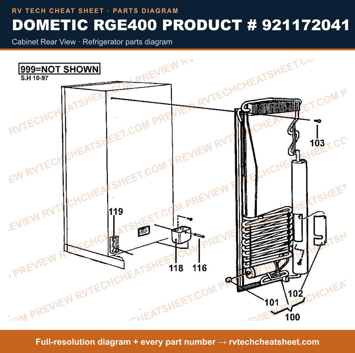 Dometic RGE400 Product # 921172041 cabinet rear view — exploded parts diagram