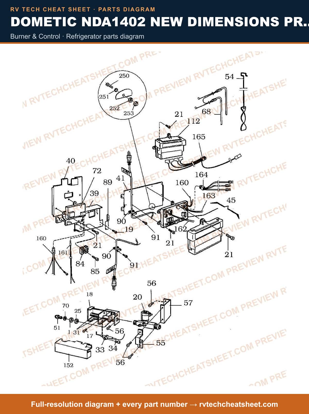 Dometic NDA1402 New Dimensions Product # 921148260 Black burner & control — parts list sheet