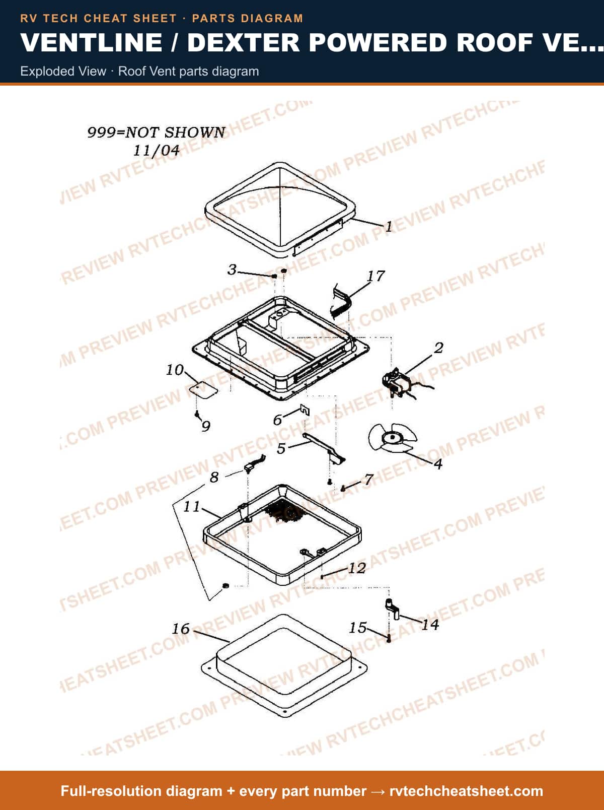 Ventline / Dexter Powered Roof Vents / Outlet Fans & Vents V2128 Series exploded view — parts list sheet 1 of 3