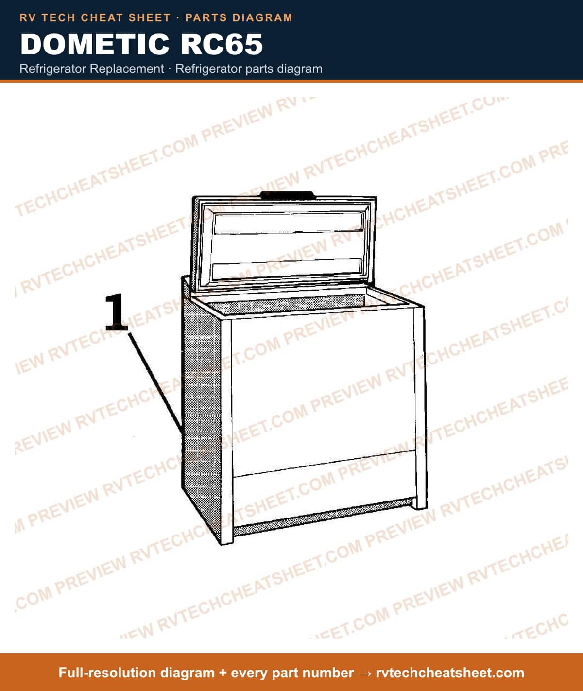 Dometic RC65 refrigerator replacement — exploded parts diagram