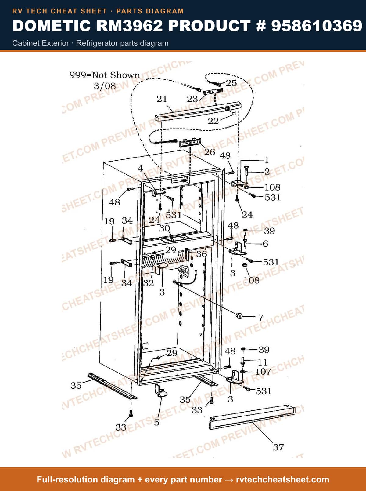 Dometic RM3962 Product # 958610369 cabinet exterior — parts list sheet