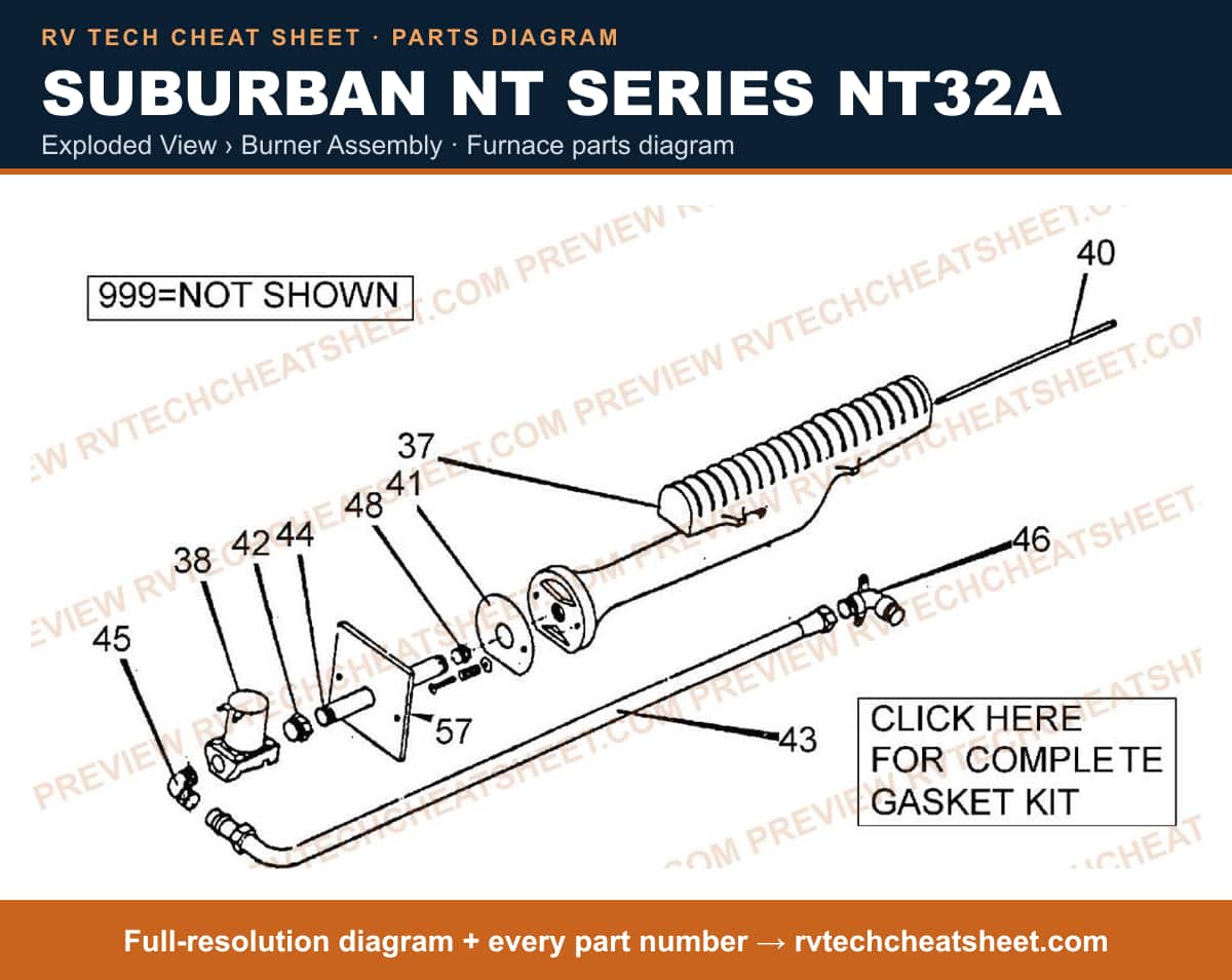 Suburban Nt Series NT32A exploded view › burner assembly — exploded parts diagram 1 of 2