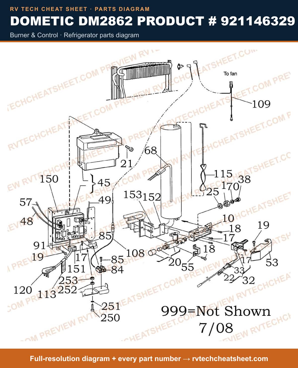 Dometic DM2862 Product # 921146329 burner & control — parts list sheet