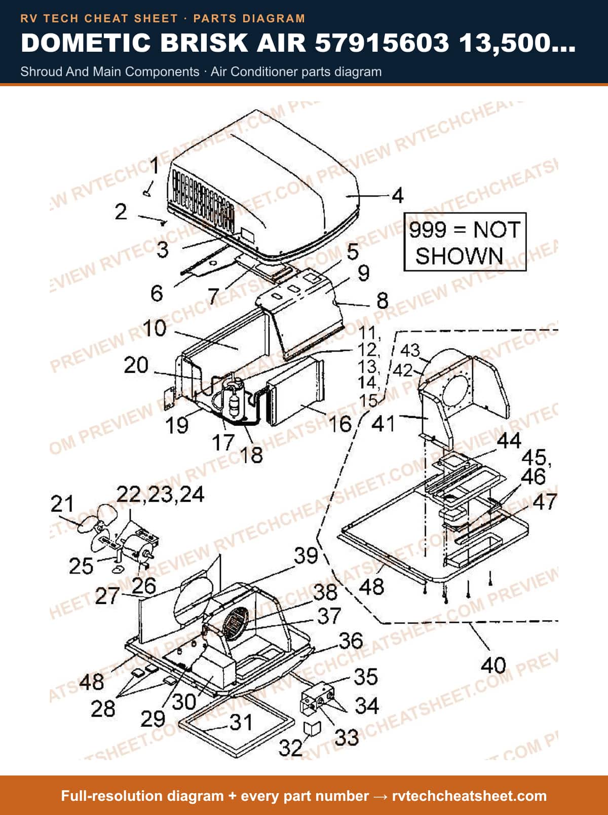 Dometic Brisk Air 57915603 13,500 BTU shroud and main components — parts list sheet
