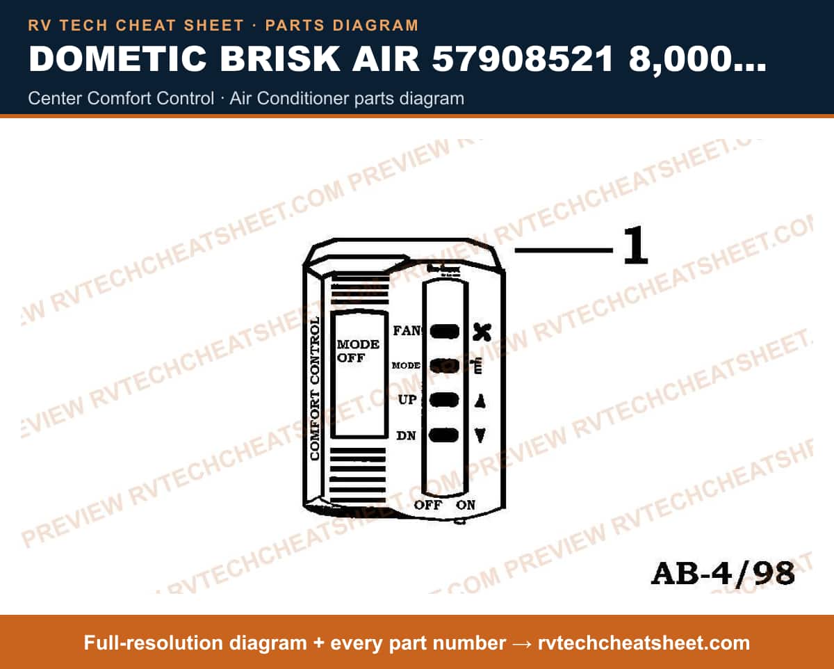 Dometic Brisk Air 57908521 8,000 BTU center comfort control — exploded parts diagram