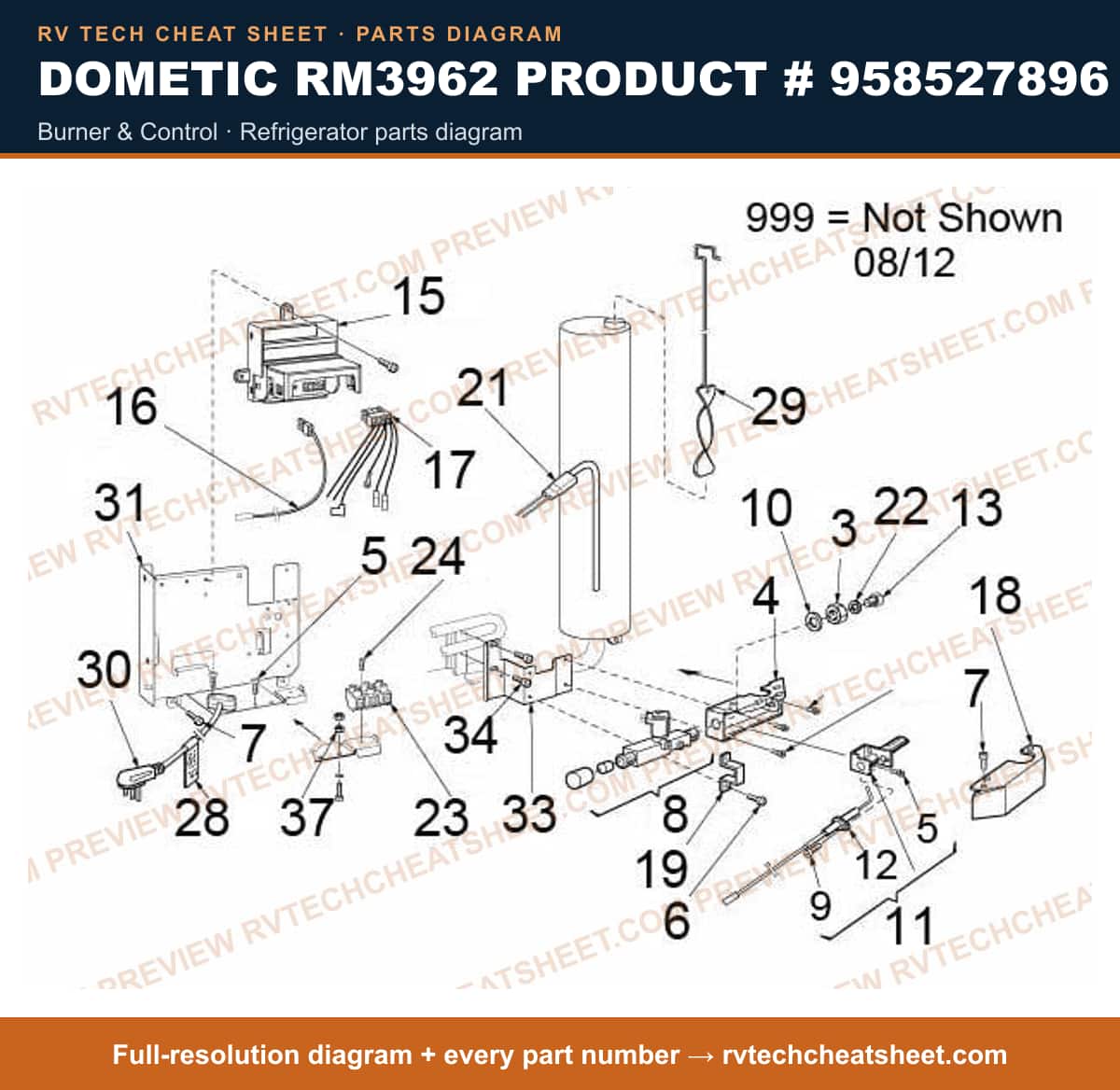 Dometic RM3962 Product # 958527896 burner & control — parts list sheet