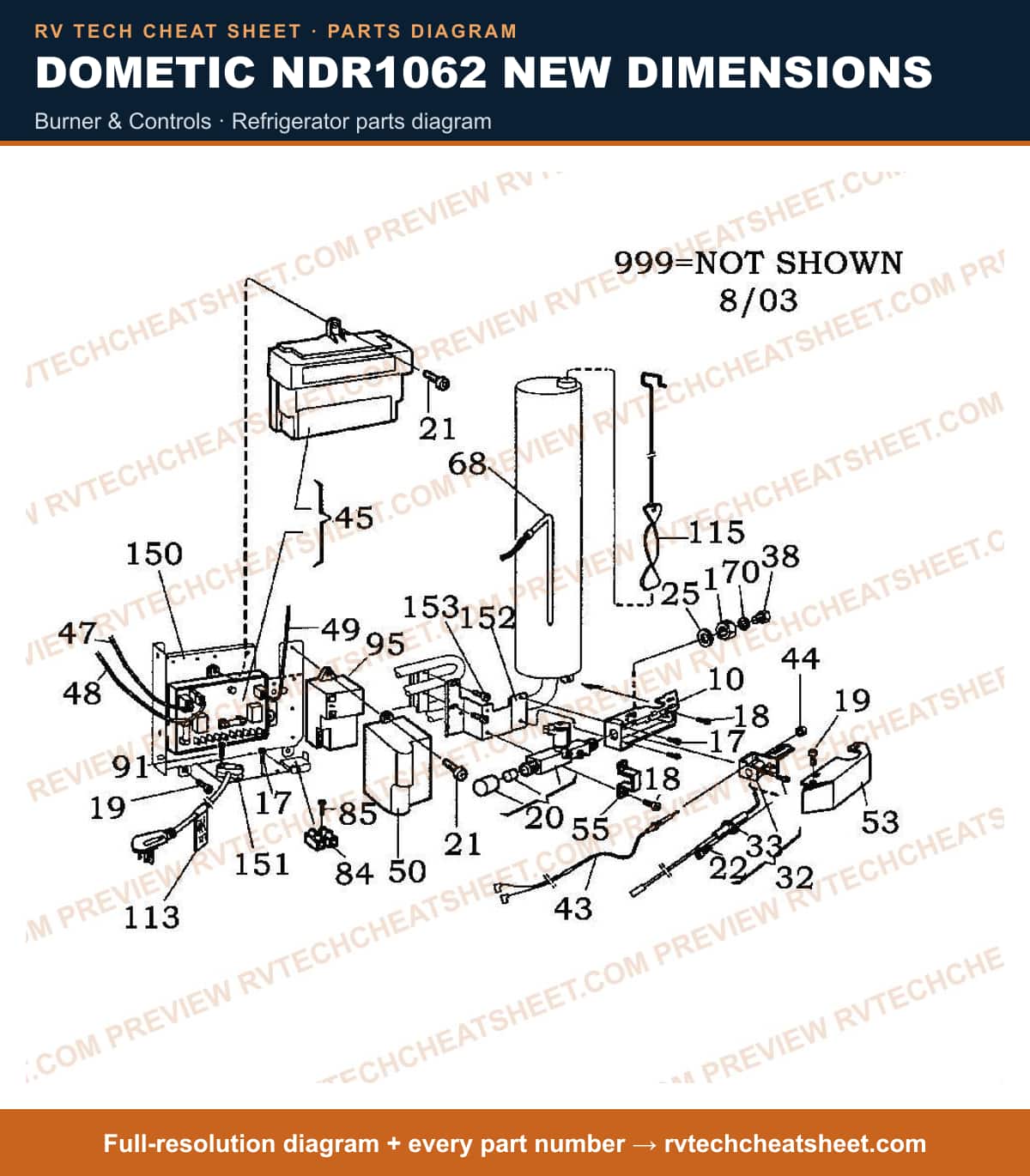 Dometic NDR1062 New Dimensions burner & controls — parts list sheet