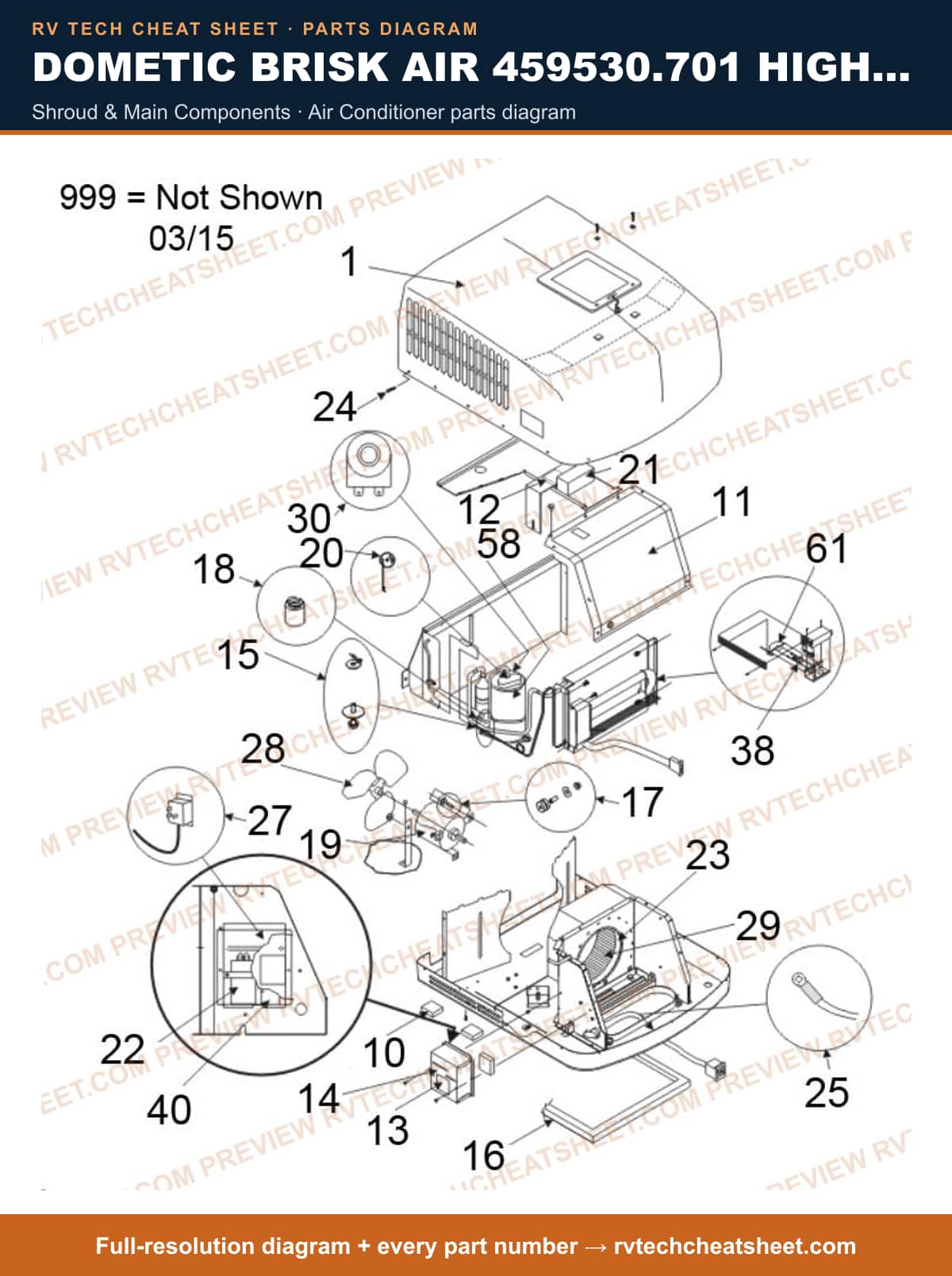 Dometic Brisk Air 459530.701 High Efficiency shroud & main components — exploded parts diagram