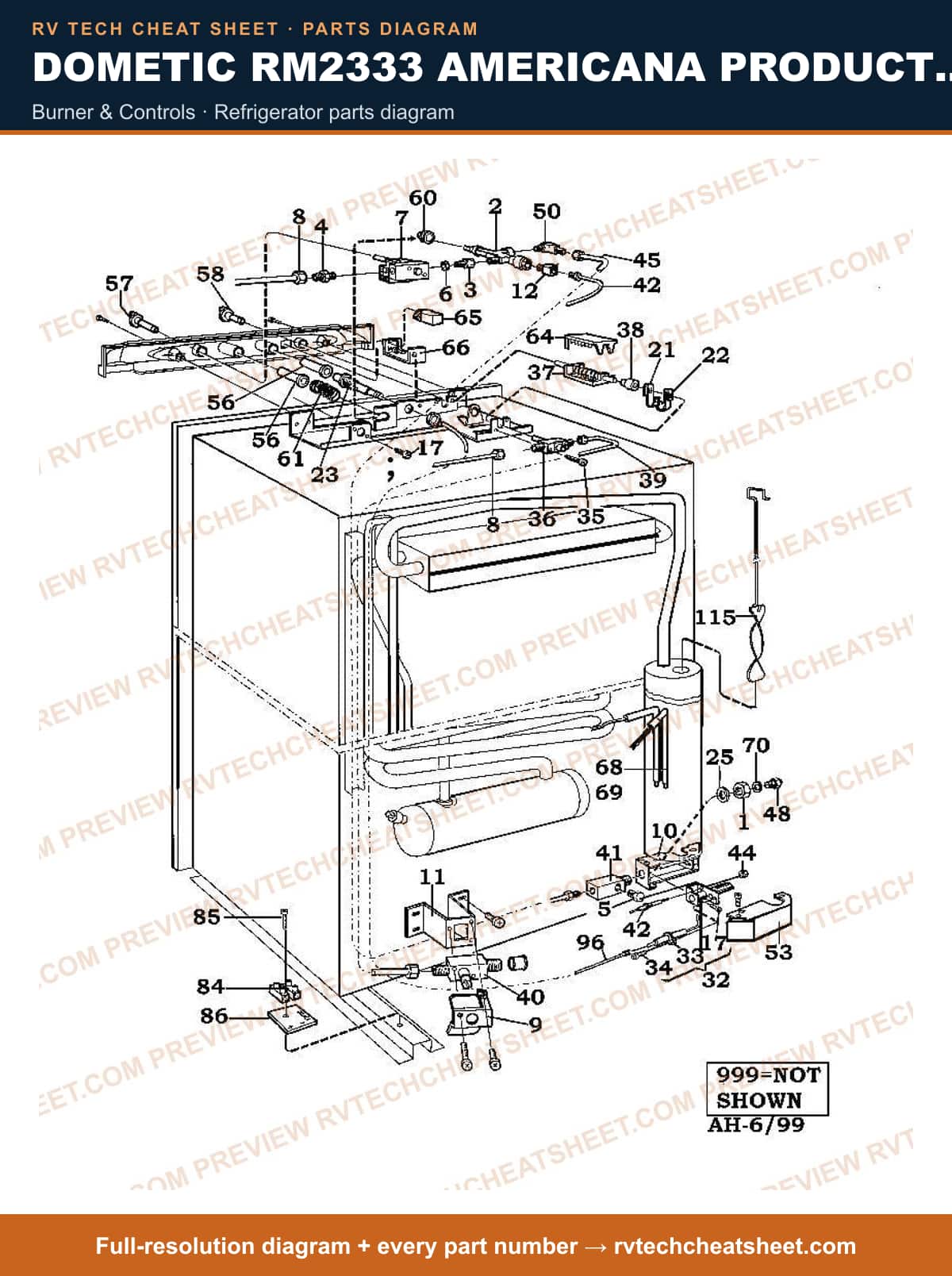 Dometic RM2333 Americana Product # 926695401 burner & controls — parts list sheet